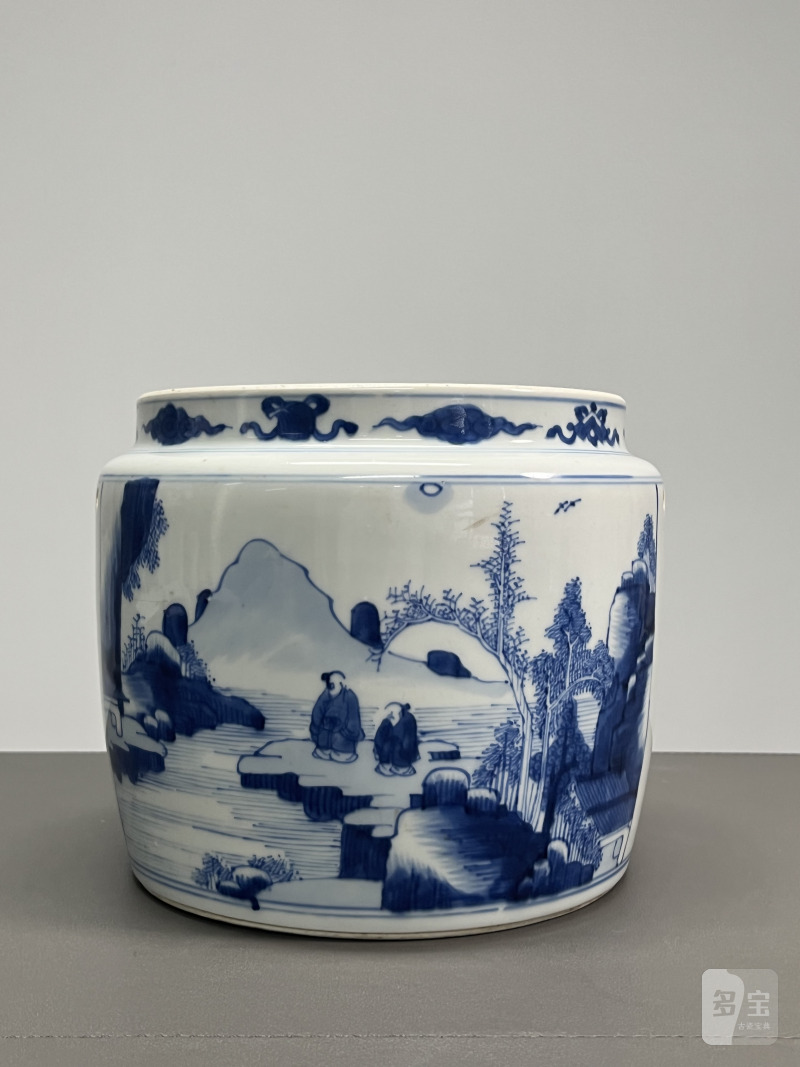 清康熙 青花山水人物图粥罐 - 图5